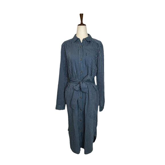 Anthropologie Bellamy Womens 8 Striped Roll Tab Sleeves Midi Shirtdress Belted - Picture 2 of 8